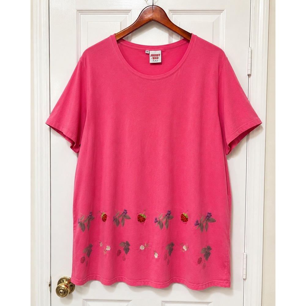 Johnny Was J-Shirt 2X Pink Strawberry Embroidered T-Shirt Cotton‎ Plus Size